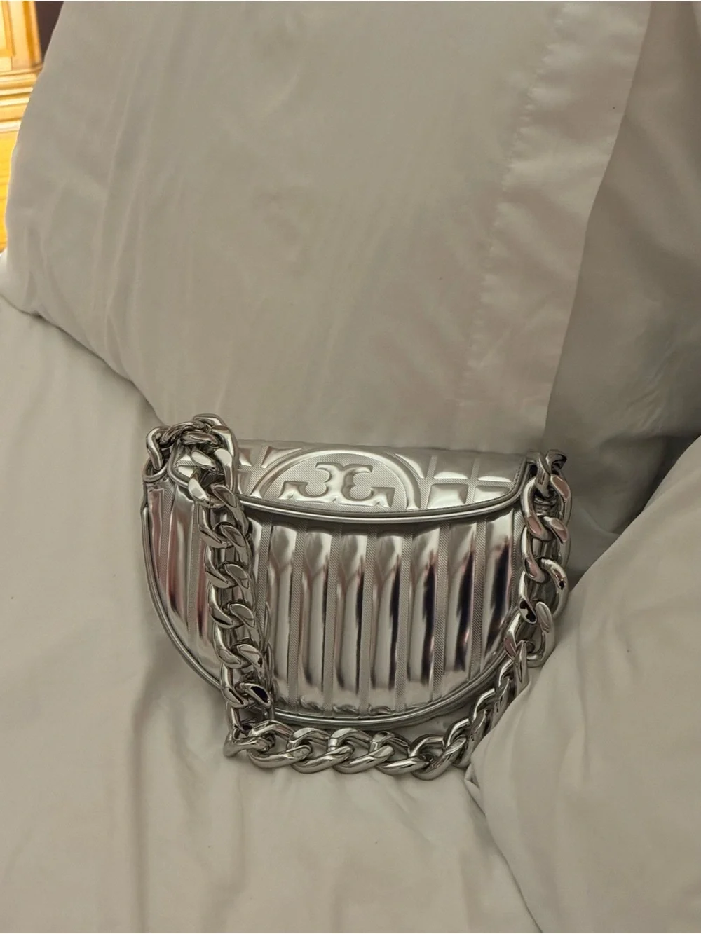 Tory Burch Metallic silver 1/2 moon Fleming. - Picture 1 of 8